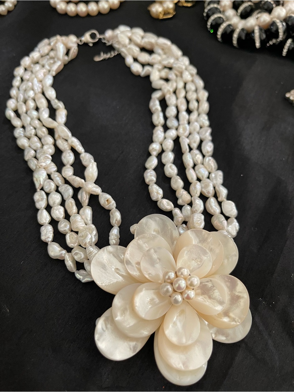 Pearl Multi-Strand Necklace with Mother-of-Pearl Flower - Ivory